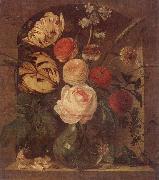 unknow artist Still life of various flowers in a glass vase,set in a niche oil